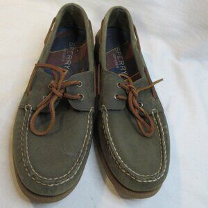 MEN'S~SPERRY~GREEN LEATHER~BLUE & RED ACCENTS TOP SIDERS/ BOAT SHOES~ SIZE 10